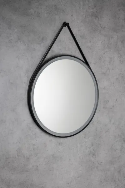 AQUALINE - STAGO guľaté zrkadlo s LED osvetlením priemer 60cm, kožený popruh, dotykový senzor, stmievateľné, čierna mat SG060