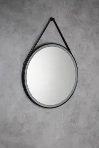 AQUALINE - STAGO guľaté zrkadlo s LED osvetlením priemer 60cm, kožený popruh, dotykový senzor, stmievateľné, čierna mat SG060