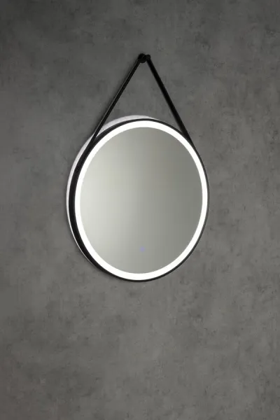 AQUALINE - STAGO guľaté zrkadlo s LED osvetlením priemer 60cm, kožený popruh, dotykový senzor, stmievateľné, čierna mat SG060