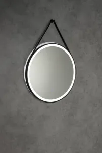 AQUALINE - STAGO guľaté zrkadlo s LED osvetlením priemer 60cm, kožený popruh, dotykový senzor, stmievateľné, čierna mat SG060