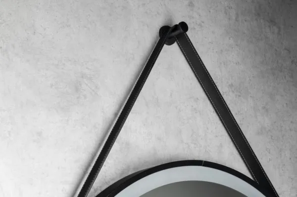 AQUALINE - STAGO guľaté zrkadlo s LED osvetlením priemer 60cm, kožený popruh, dotykový senzor, stmievateľné, čierna mat SG060