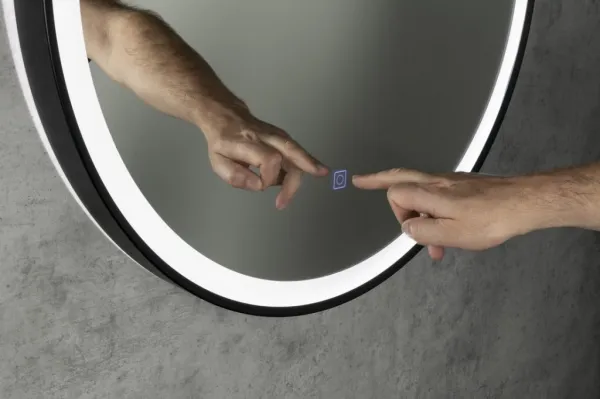 AQUALINE - STAGO guľaté zrkadlo s LED osvetlením priemer 60cm, kožený popruh, dotykový senzor, stmievateľné, čierna mat SG060