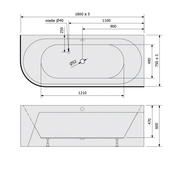 POLYSAN - VIVA R MONOLITH asymetrická vaňa 180x75x60cm, biela 72129M