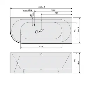 POLYSAN - VIVA R MONOLITH asymetrická vaňa 180x75x60cm, biela 72129M