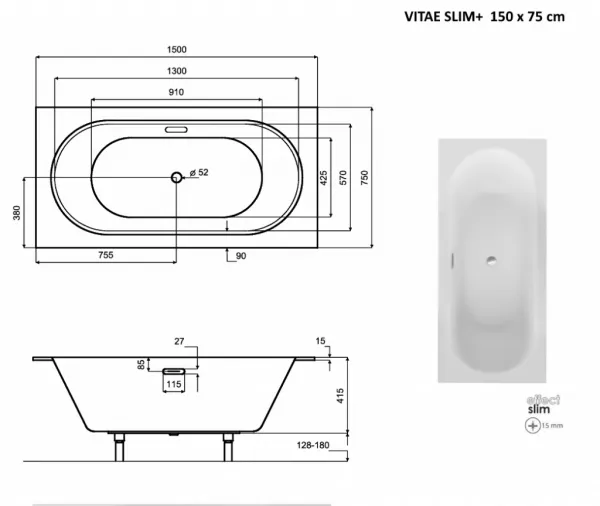 BESCO - Obdĺžniková vaňa VITAE SLIM+ - Nožičky k vani - S nožičkami, Rozmer vane - 150 × 75 cm VANVIT15SLIMPLU+OLVPINOZ