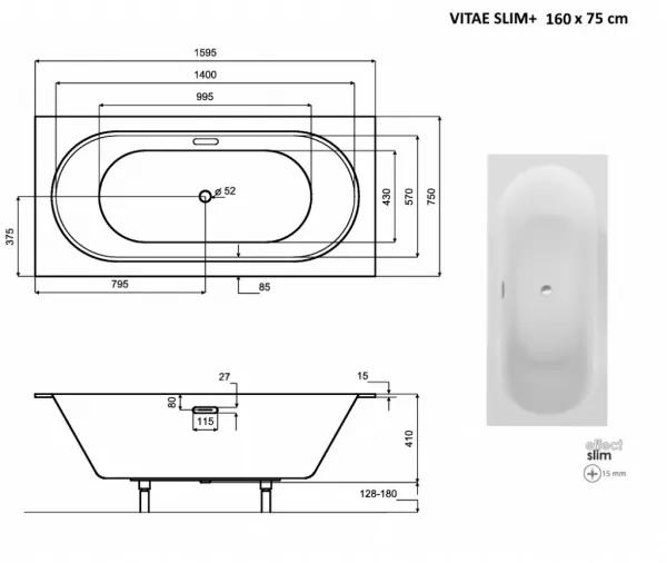 BESCO - Obdĺžniková vaňa VITAE SLIM+ - Nožičky k vani - Bez nožičiek, Rozmer vane - 160 × 75 cm VANVIT16SLIMPLU