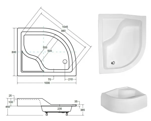 BESCO - MAXI, hlboká asymetrická sprchová vanička - rozmer A - 100 cm, rozmer B - 80 cm, rozmer C - 24 cm, Spôsob prevedenia - Pravé VANKMAX100P