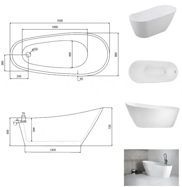 BESCO - Voľne stojaca vaňa MELODY - Farba - Biela, Rozmer vane - 150 × 80 cm VANMELODY150