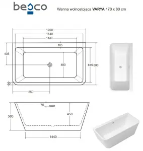 BESCO - Voľne stojaca vaňa VARYA biela - Farba - Biela, Farba sifónu - Chróm, Rozmer vane - 170 × 80 cm VANVARYA170
