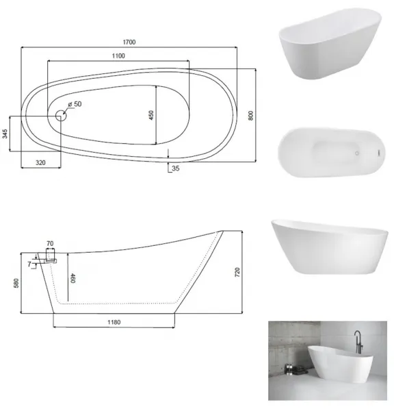 BESCO - Voľne stojaca vaňa MELODY - Farba - Biela, Rozmer vane - 170 × 80 cm VANMELODY170