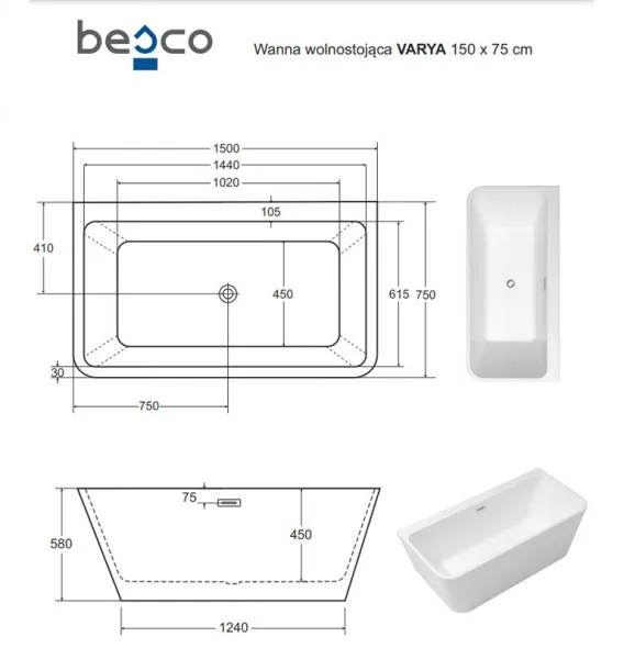 BESCO - Voľne stojaca vaňa VARYA biela - Farba - Biela, Farba sifónu - Chróm, Rozmer vane - 150 × 75 cm VANVARYA150