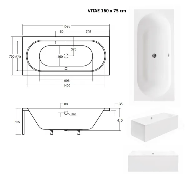 BESCO - Obdĺžniková vaňa VITAE - Nožičky k vani - S nožičkami, Rozmer vane - 160 × 75 cm VANVITAE160+OLVPINOZ