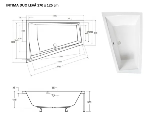 BESCO - Asymetrická vaňa INTIMA DUO - Nožičky k vani - Bez nožičiek, Rozmer vane - 170 × 125 cm, Spôsob prevedenia - Ľavé VANINTID17L