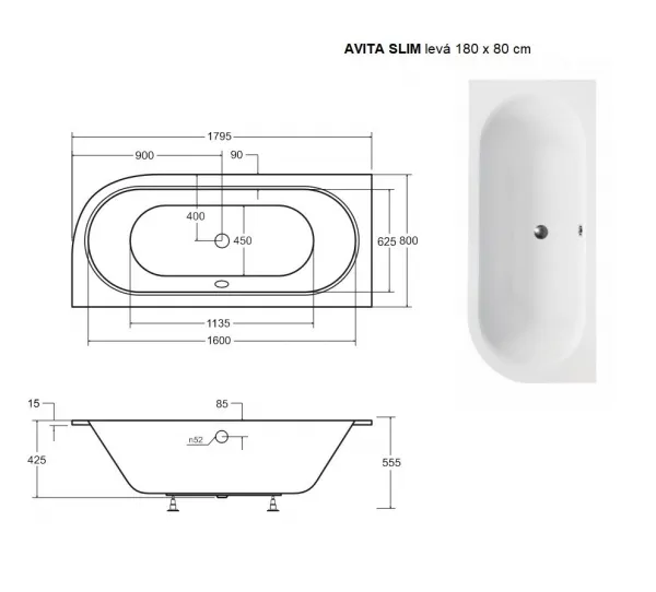 BESCO - Asymetrická vaňa AVITA SLIM - Nožičky k vani - S nožičkami, Rozmer vane - 180 × 80 cm, Spôsob prevedenia - Ľavé VANAVIT180SLIML+OLVPINOZSTELWD