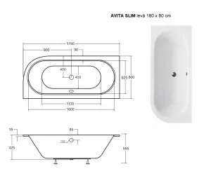 BESCO - Asymetrická vaňa AVITA SLIM - Nožičky k vani - S nožičkami, Rozmer vane - 180 × 80 cm, Spôsob prevedenia - Ľavé VANAVIT180SLIML+OLVPINOZSTELWD