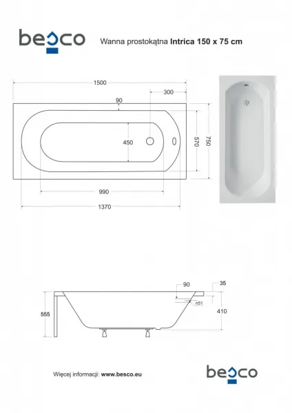 BESCO - Obdĺžniková vaňa intrige - Nožičky k vani - S nožičkami, Rozmer vane - 150 × 75 cm VANINTRICA150 + OLVPINOZ