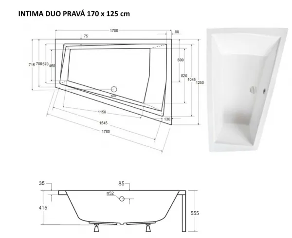 BESCO - Asymetrická vaňa INTIMA DUO - Nožičky k vani - S nožičkami, Rozmer vane - 170 × 125 cm, Spôsob prevedenia - Pravé VANINTID17P+OLVPINOZSTELID