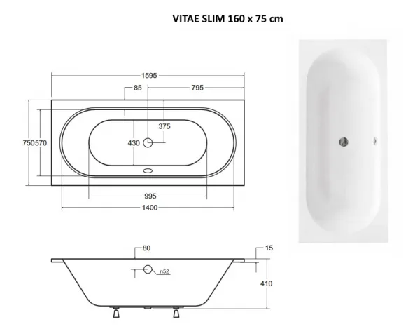 BESCO - Obdĺžniková vaňa VITAE SLIM - Nožičky k vani - Bez nožičiek, Rozmer vane - 160 × 75 cm VANVITAE160SLIM