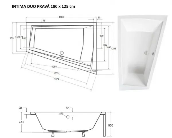 BESCO - Asymetrická vaňa INTIMA DUO - Nožičky k vani - S nožičkami, Rozmer vane - 180 × 125 cm, Spôsob prevedenia - Pravé VANINTID18P+OLVPINOZSTELID