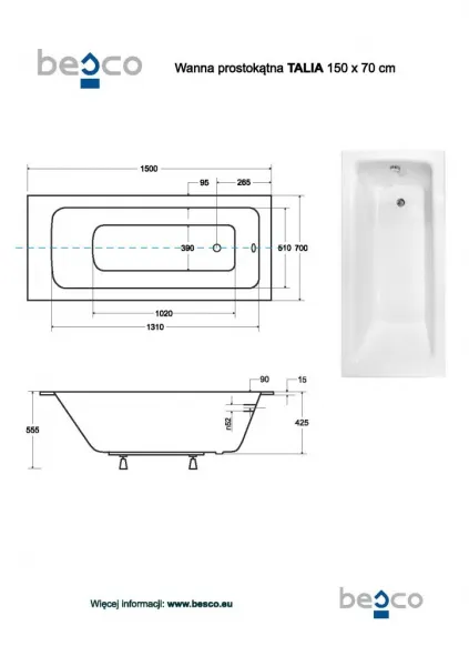 BESCO - Obdĺžniková vaňa TALIA SLIM - Nožičky k vani - S nožičkami, Rozmer vane - 150 × 70 cm VANTAL15SLIM+OLVPINOZ
