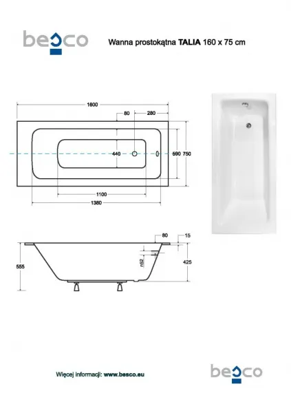 BESCO - Obdĺžniková vaňa TALIA SLIM - Nožičky k vani - Bez nožičiek, Rozmer vane - 160 × 75 cm VANTAL16SLIM
