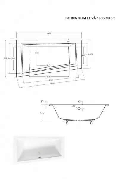 BESCO - Asymetrická vaňa INTIMA SLIM - Nožičky k vani - Bez nožičiek, Rozmer vane - 160 × 90 cm, Spôsob prevedenia - Ľavé VANINTI16SLIML