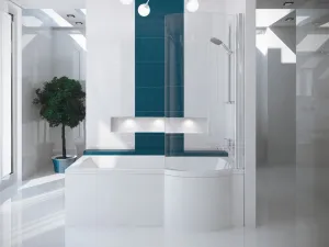 BESCO - Asymetrická vaňa INSPIRO vrátane vaňovej zásteny - FARBA rámu - Hliník leštený, Nožičky k vani - Bez nožičiek, Rozmer vane - 160 × 70 cm, Výplň - Číre bezpečnostné sklo - 5 mm, Spôsob prevedenia - Ľavé VANINSPIR160L