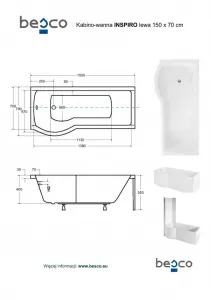 BESCO - Asymetrická vaňa INSPIRO vrátane vaňové zásteny - Farba rámu zásteny - Hliník leštený, Nožičky k vani - S nožičkami, Rozmer vane - 150 × 70 cm, Výplň - Číre bezpečnostné sklo - 5 mm, Spôsob prevedenia - Ľavé VANINSPIR150L + OLVPINOZ