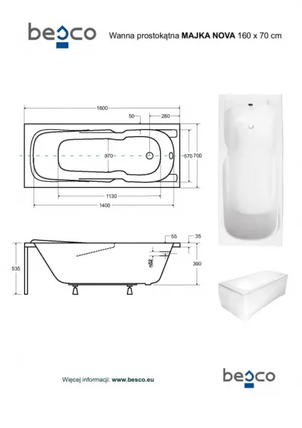 BESCO - Obdĺžniková vaňa MAJKA NOVA - Nožičky k vani - S nožičkami, Rozmer vane - 160 × 70 cm VANMAJN160+OLVPINOZ