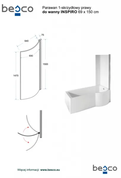 BESCO - Asymetrická vaňa INSPIRO vrátane vaňovej zásteny - FARBA rámu - Hliník leštený, Nožičky k vani - Bez nožičiek, Rozmer vane - 160 × 70 cm, Výplň - Číre bezpečnostné sklo - 5 mm, Spôsob prevedenia - Ľavé VANINSPIR160L