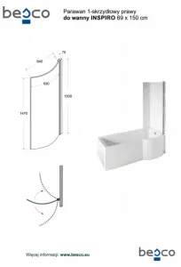 BESCO - Asymetrická vaňa INSPIRO vrátane vaňovej zásteny - FARBA rámu - Hliník leštený, Nožičky k vani - Bez nožičiek, Rozmer vane - 160 × 70 cm, Výplň - Číre bezpečnostné sklo - 5 mm, Spôsob prevedenia - Ľavé VANINSPIR160L