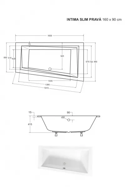 BESCO - Asymetrická vaňa INTIMA SLIM - Nožičky k vani - S nožičkami, Rozmer vane - 160 × 90 cm, Spôsob prevedenia - Pravé VANINTI16SLIMP+OLVPINOZSTELI