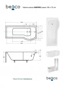 BESCO - Asymetrická vaňa INSPIRO vrátane vaňovej zásteny - FARBA rámu - Hliník leštený, Nožičky k vani - Bez nožičiek, Rozmer vane - 150 × 70 cm, Výplň - Číre bezpečnostné sklo - 5 mm, Spôsob prevedenia - Pravé VANINSPIR150P