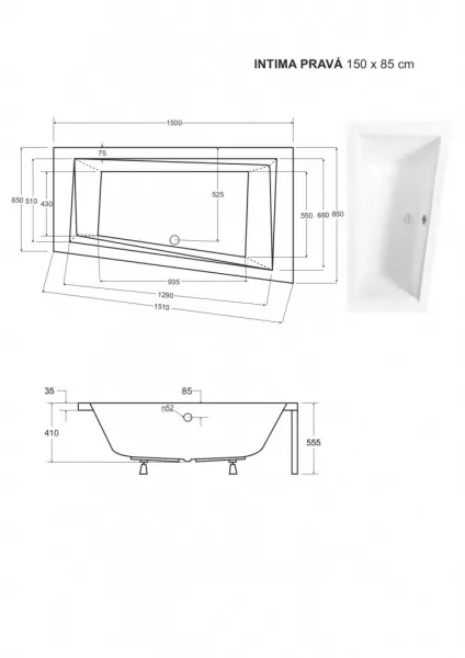 BESCO - Asymetrická vaňa INTIMA - Nožičky k vani - Bez nožičiek, Rozmer vane - 150 × 85 cm, Spôsob prevedenia - Pravé VANINTI15P