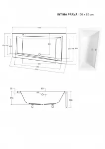 BESCO - Asymetrická vaňa INTIMA - Nožičky k vani - Bez nožičiek, Rozmer vane - 150 × 85 cm, Spôsob prevedenia - Pravé VANINTI15P