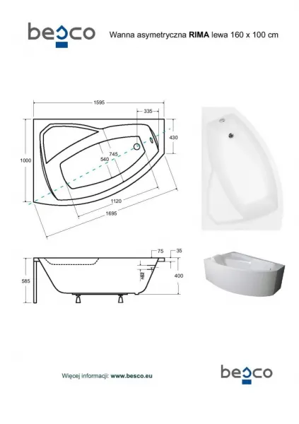 BESCO - Asymetrická vaňa RIMA - Nožičky k vani - S nožičkami, Rozmer vane - 160 × 100 cm, Spôsob prevedenia - Ľavé VANRIM160L+OLVPINOZ