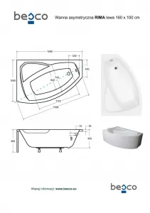 BESCO - Asymetrická vaňa RIMA - Nožičky k vani - S nožičkami, Rozmer vane - 160 × 100 cm, Spôsob prevedenia - Ľavé VANRIM160L+OLVPINOZ