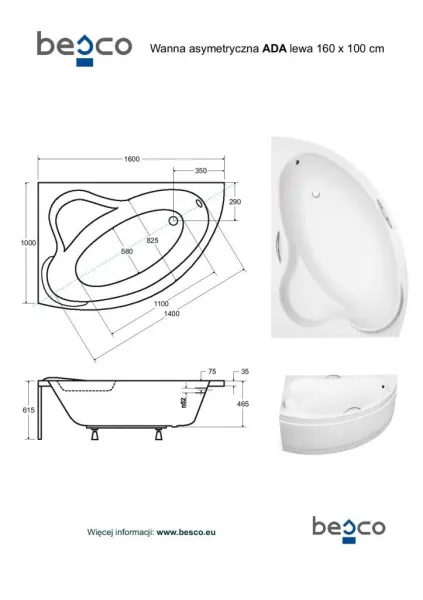 BESCO - Asymetrická vaňa ADA - Nožičky k vani - S nožičkami, Rozmer vane - 160 × 100 cm, Spôsob prevedenia - Ľavé VANADA160L+OLVPINOZ