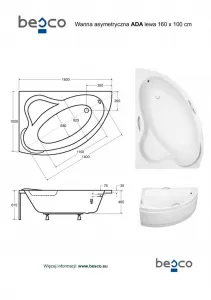 BESCO - Asymetrická vaňa ADA - Nožičky k vani - S nožičkami, Rozmer vane - 160 × 100 cm, Spôsob prevedenia - Ľavé VANADA160L+OLVPINOZ