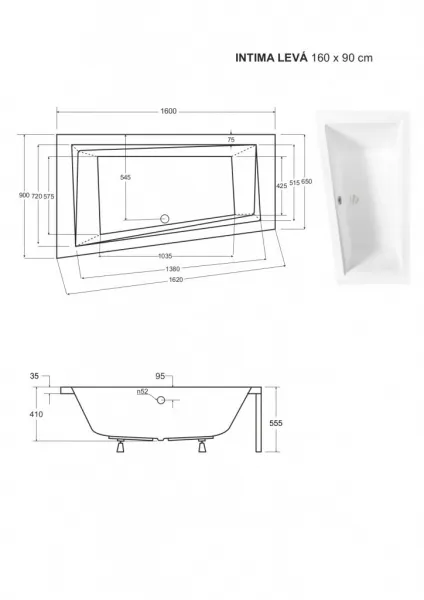 BESCO - Asymetrická vaňa INTIMA - Nožičky k vani - Bez nožičiek, Rozmer vane - 160 × 90 cm, Spôsob prevedenia - Ľavé VANINTI16L