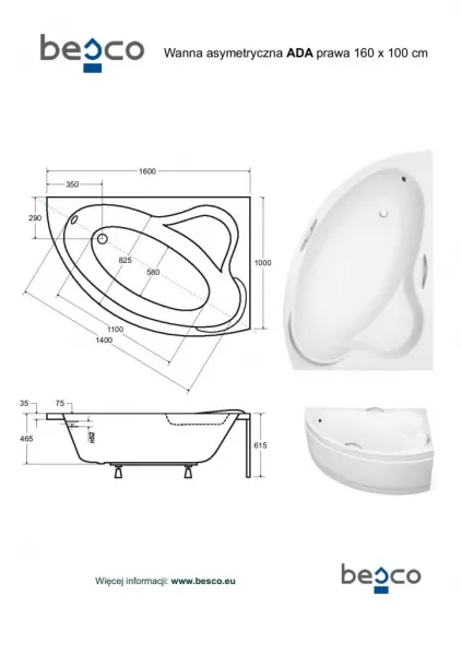 BESCO - Asymetrická vaňa ADA - Nožičky k vani - Bez nožičiek, Rozmer vane - 160 × 100 cm, Spôsob prevedenia - Pravé VANADA160P