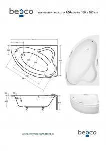 BESCO - Asymetrická vaňa ADA - Nožičky k vani - Bez nožičiek, Rozmer vane - 160 × 100 cm, Spôsob prevedenia - Pravé VANADA160P