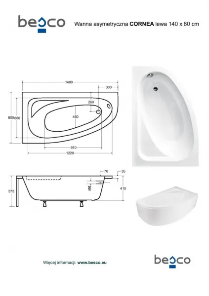 BESCO - Asymetrická vaňa CORNEA - Nožičky k vani - Bez nožičiek, Rozmer vane - 140 × 80 cm, Spôsob prevedenia - Ľavé VANCOR140L