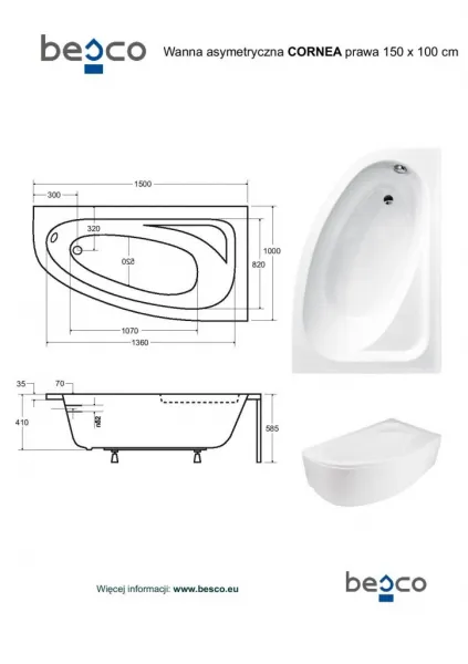 BESCO - Asymetrická vaňa CORNEA - Nožičky k vani - Bez nožičiek, Rozmer vane - 150 × 100 cm, Spôsob prevedenia - Pravé VANCOR150P