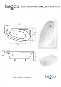 BESCO - Asymetrická vaňa CORNEA - Nožičky k vani - Bez nožičiek, Rozmer vane - 150 × 100 cm, Spôsob prevedenia - Pravé VANCOR150P