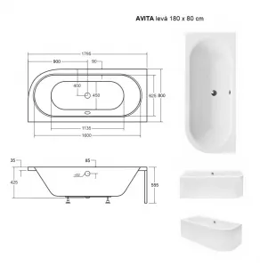 BESCO - Asymetrická vaňa AVITA - Nožičky k vani - Bez nožičiek, Rozmer vane - 180 × 80 cm, Spôsob prevedenia - Ľavé VANAVIT180L