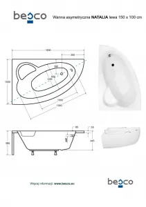 BESCO - Asymetrická vaňa NATALIA - Nožičky k vani - Bez nožičiek, Rozmer vane - 150 × 100 cm, Spôsob prevedenia - Pravé VANNAT150P