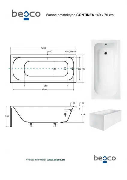 BESCO - Obdĺžniková vaňa CONTINEA - Nožičky k vani - S nožičkami, Rozmer vane - 140 × 70 cm VANCONT140+OLVPINOZ