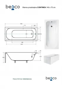 BESCO - Obdĺžniková vaňa CONTINEA - Nožičky k vani - S nožičkami, Rozmer vane - 140 × 70 cm VANCONT140+OLVPINOZ