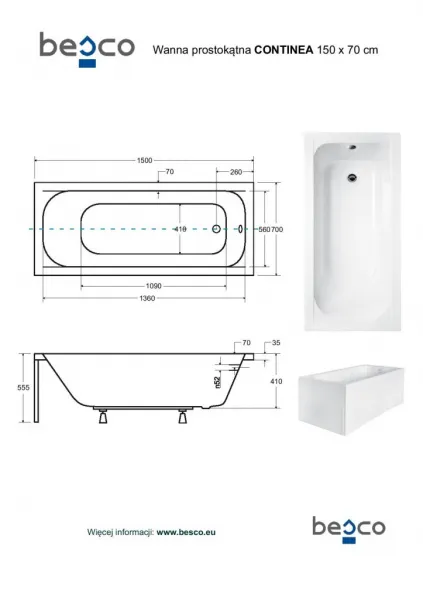 BESCO - Obdĺžniková vaňa CONTINEA - Nožičky k vani - S nožičkami, Rozmer vane - 150 × 70 cm VANCONT150+OLVPINOZ
